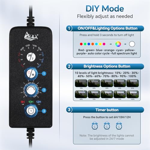 AQQA Submersible LED Aquarium Light, 24/7 Mode Full Spectrum Fish Tank Light, 4 Rows Beads with 9 Colors Choice, IP68 Waterproof Aquarium Plant Light, Adjustable Brightness Timer, 7 Adjustable Angle - size: 11.22In ( For 11.81''-22.83'' Length Fish Tank)