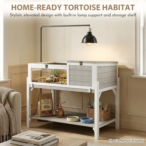 Tortoise Habitat for Small Reptiles, 2-Zone Wooden Turtle Cage with Adjustable Rotating Metal Lamp Stand, Storage Shelf, Indoor Reptile Enclosure for Tortoises, Geckos, Snakes