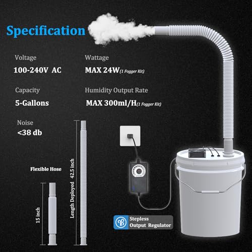 19L Large DIY Humidifier Kit - for Plants, Mushrooms, Grow Tents, Terrarium | Turns a 5 Gallon Bucket into Cool Mist Humidifier, Extendable Hose, High Output, Long Runtime (1-Fogger, Normal Mist)
