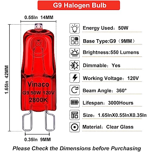 Vinaco G9 Heat Lamp Bulbs for Reptile, Dimmable Night Red UVA UVB Reptile Heat Lamp G9, 2 Pin Base Mini G 9 Halogen Bulbs 50W 120V, Infrared Heat Lamp for Bearded Dragon Gecko Turtle Lizard - style: 50W- 5 Pack