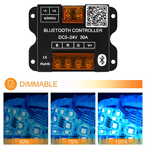 RGBZONE RGB Bluetooth LED Controller, DC5-24V 30A Smart APP Dimmable Strips Light Controller 16 Million Colors Music & Alarm Modes for 5050 3528 LED Strip Lights, Metal Shell - color: RGB
