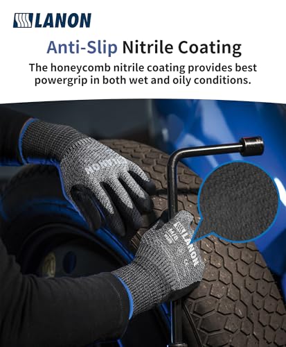 LANON Cut Resistant Gloves, Knife Protection Level D, Nitrile Coating with Honey Comb Pattern, ANSI A4 Cut Work Gloves, Reinforced Thumbs, 3D Comfort Fit, Breathable, Mechanical, Touchscreen,Large - size: Large
