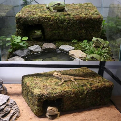 Mossy Cave Hide for Reptiles, Yellow Color Lizard Moss Hideout with Safe Shelter, Snake Cave Hut for Themed Terrarium Ideal for Gecko Hamster Snake to Rest & Hide