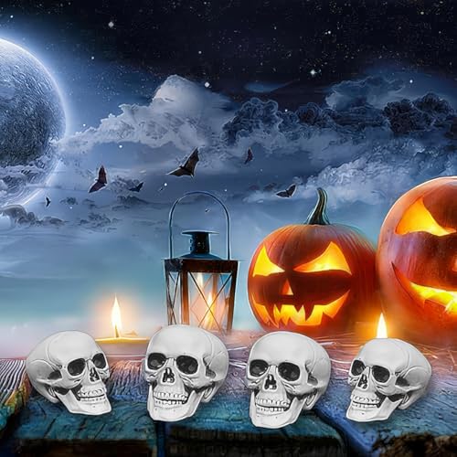 CUNHUYSmall Skulls Halloween Decor, 5 Inch Plastic Fake Skeletons, Mini Skulls for Crafts Outdoor Halloween Decorations, Realistic Miniature Human Skull Heads (4)