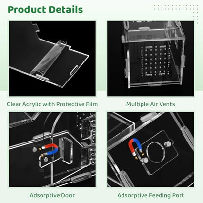 Large Jumping Spider Acrylic Enclosure, Clear Acrylic Spider Habitat Box with Adsorptive Door Feeding Hole, Ventilated Small Reptile Terrarium for Small Lizard Snail Cricket Mantis
