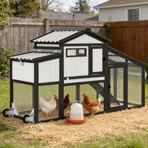 Chicken Coop and Run with Wheels, Portable Two Story Rabbit Hutch Indoor Outdoor, Wooden Hen House with Nesting Box, Ramp & Deep No Leak Pull Out Tray for Chick, Rabbit