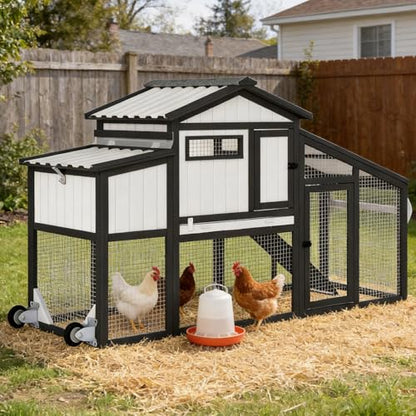 Chicken Coop and Run with Wheels, Portable Two Story Rabbit Hutch Indoor Outdoor, Wooden Hen House with Nesting Box, Ramp & Deep No Leak Pull Out Tray for Chick, Rabbit