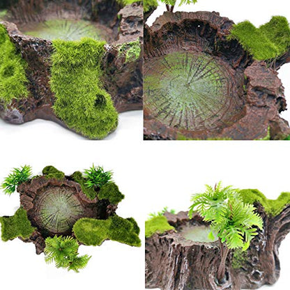 TIHOOD Plastic Reptile Tank Decor - Resin Reptile Platform with Artificial Tree Trunk Design - Food Dish Bowl for Lizards, Geckos, Frogs & More