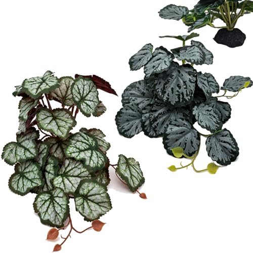 Reptile Plants Terrarium Decor, Artificial Fake Plants for Bearded Dragon, Leopard Gecko, Snake, Crested, Ball Python Tank (Begonia & Coral Bells Leaf + Base) - color: Begonia & Coral Bells Leaf + Base