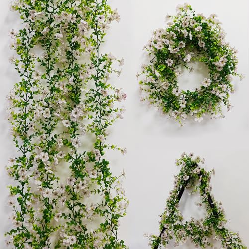 4 Pcs Faux Flowers Garland Plant, Artificial Vines Hanging Flowers Leaves Greenery Garland for Wedding Backdrop Arch Wall Decor, 6 Feet/pcs UV Resistant Indoor Outdoor - color: White