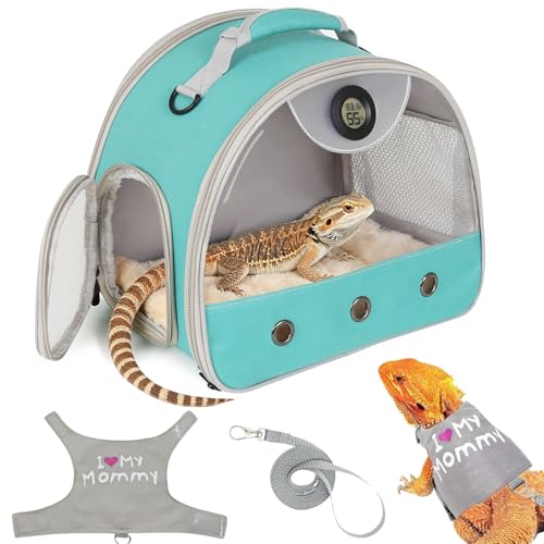 Bearded Dragon Travel Backpack Carrier with Reptile Thermometer and Humidity Gauge Lizard Travel Cage Space Capsule Clear Bubble Window Astronaut Reptile Bag for Ball Python (Green, Carrier+I LSH) - color: Green, size: Carrier+I LSH