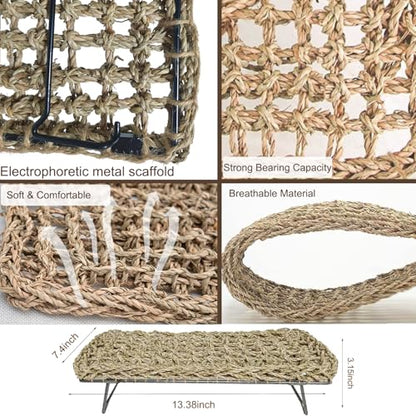 Large Bearded Dragon Tank Accessories13 x7.4"x3" + Humidity Meter Set Rectangle Lizard Bed with Metal Legs Grass Weaving Hammock for Turtle Snake Hermit Crab Frog (Straw Weaving, Rectangle)