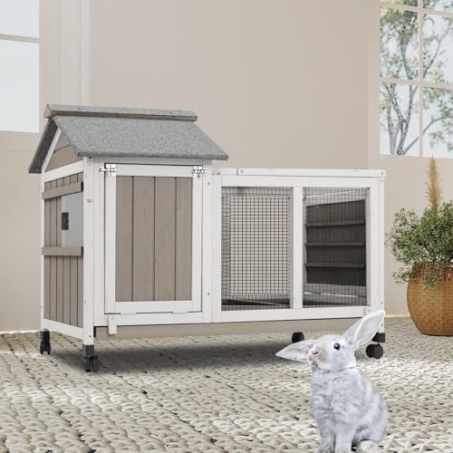 Gowoodhut 38.19"L Rabbit Hutch Indoor and Outdoor with 4 Wheels,Wooden Rabbit Cage with Pull Out Leak-Proof Tray for 1-2 Rabbits,Bunny Hutch with Asphalt Roof Suitable for Garden,Park,Living Room,Grey - size: PET30