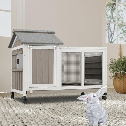 Gowoodhut 76.38"L Rabbit Hutch Indoor and Outdoor with 8 Wheels,Wooden Rabbit Cage with Pull Out Leak-Proof Tray for 2-4 Rabbits,Bunny Hutch with Asphalt Roof Suitable for Garden,Park,Living Room,Grey - size: PET30-DOUBLE