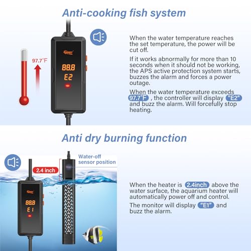 hygger 300w Aquarium Heater, Fish Tank Heater with Intelligent Temperature Control, Over-Temperature Protection and Automatic Power-Off When Leaving Water, for 40-75 Gallon Tanks - size: 300W (for 40-75 gallon)