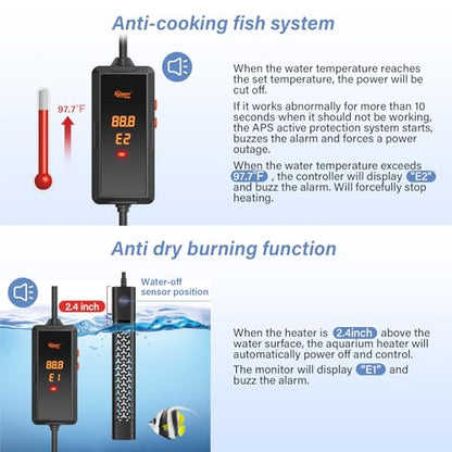 hygger 300w Aquarium Heater, Fish Tank Heater with Intelligent Temperature Control, Over-Temperature Protection and Automatic Power-Off When Leaving Water, for 40-75 Gallon Tanks - size: 300W (for 40-75 gallon)