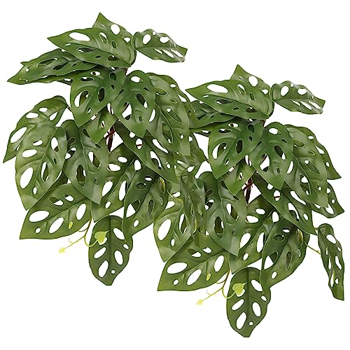 2Pack Reptile Fake Plants for Terrarium, Snake Tank Accessories, Habitat Decor Artificial Hanging Plants with Suction Cup - Fake Swiss Cheese Plants Monstera Adansonii - color: B-fake Swiss Cheese Plants Monstera Adansonii