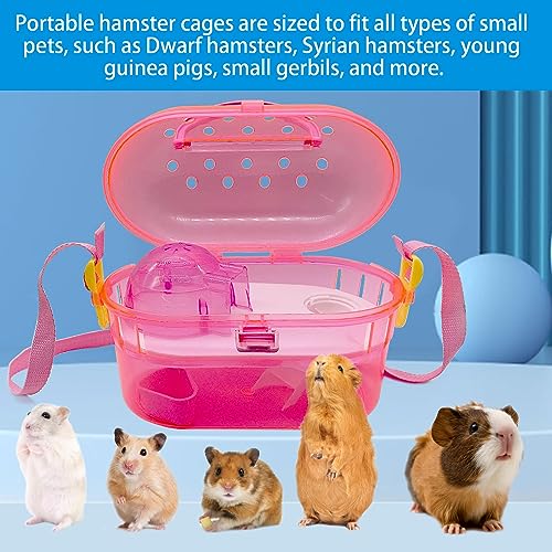 kathson Portable Hamster Cage Dwarf Hamster Carry Case Syrian Hamster Carry Travel Cage with House Food Bowl Adjustable Strap Pet Outgoing Cages Carrier for Small Hamster Young Guinea Pig Pink - color: Pink | Hamster Carriers