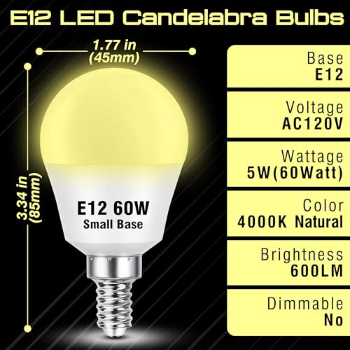 E12 Candelabra LED Light Bulbs 60W Equivalent, Natural White 4000K 5W 600LM, G45 Shape A15 Globe E12 Small Light Bulbs for Chandelier Ceiling Fan Wall Lighting, Non-Dimmable, 4 Pack - color: 4000k Natural White, size: 60 Watts