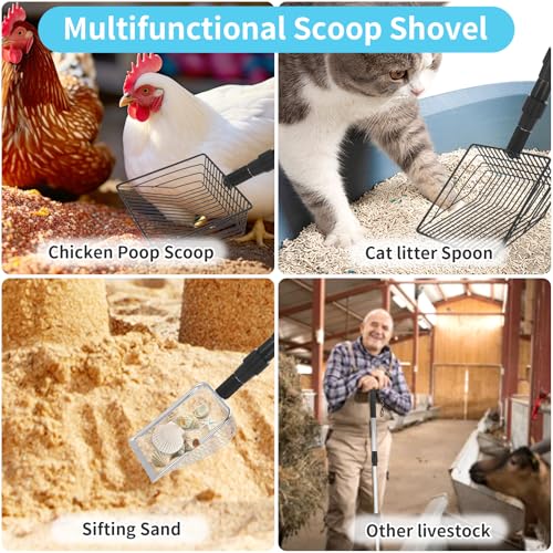 3 PCS Chicken Poop Scooper,Stretchable Coop Scoop for Rudak Chicken,Detachable Stainless Steel Cat Litter Scoop with Mesh Replacement Head,Long Handle Cat Poop Scooper Sand Sifting Shovel