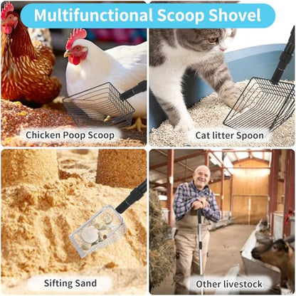 3 PCS Chicken Poop Scooper,Stretchable Coop Scoop for Rudak Chicken,Detachable Stainless Steel Cat Litter Scoop with Mesh Replacement Head,Long Handle Cat Poop Scooper Sand Sifting Shovel