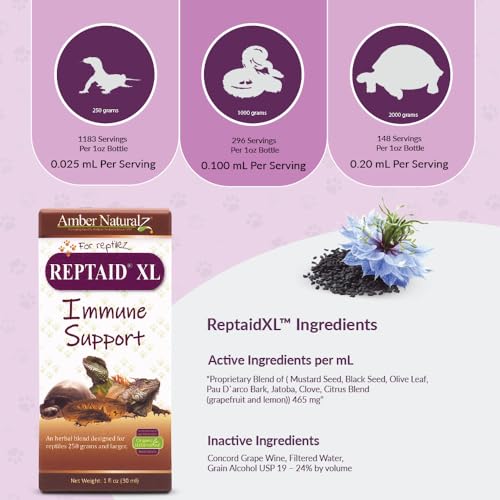 AMBER NATURALZ Reptaid XL Herbal Supplement for Large Reptiles | Herbal Pet Supplement for Immune Support | for Reptiles Above 250g | 1 Fluid Ounce Glass Bottle | Manufactured in the USA - size: Over 250 grams