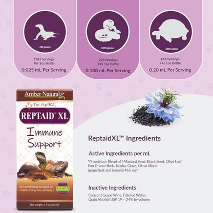 AMBER NATURALZ Reptaid XL Herbal Supplement for Large Reptiles | Herbal Pet Supplement for Immune Support | for Reptiles Above 250g | 1 Fluid Ounce Glass Bottle | Manufactured in the USA - size: Over 250 grams