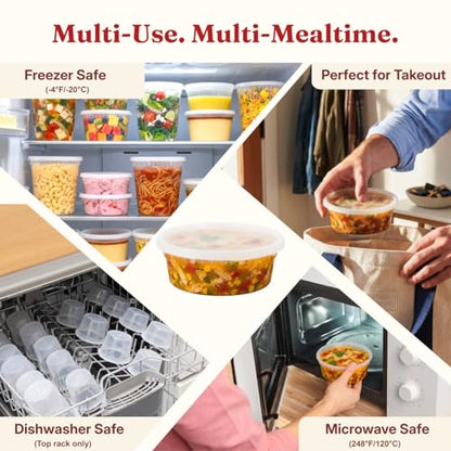 8 oz plastic containers with lids(48Set/96Pcs) BPA-Free Plastic Soup Containers with lids, Freezer Microwave Safe Small Cups for Portion Condiment Dipping Sauce, Salad Dressing - size: 8 oz - 48 Sets