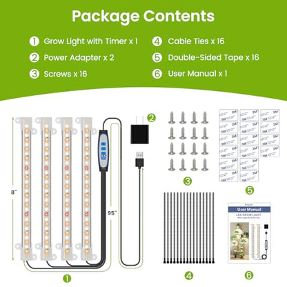 Kullsinss 8 inches LED Grow Light Strips, Full Spectrum Grow Lights for Indoor Plants with 6/12/16H Timer, 5 Dimmable Levels, Plant Light for Seedling Succulent, Ideal for Plant Shelf (4 Strips*2pcs) - size: 2 Pack
