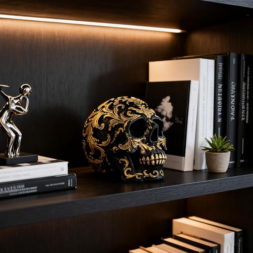 Gothic Skull Heads Home Decor - 3.62 Inch Desk Skeleton Skull Head Statue Fake Resin Skull Figurine Decor for Halloween Decorations, Party Gold Skull Head Designs