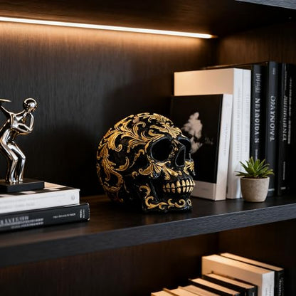 Gothic Skull Heads Home Decor - 3.62 Inch Desk Skeleton Skull Head Statue Fake Resin Skull Figurine Decor for Halloween Decorations, Party Gold Skull Head Designs