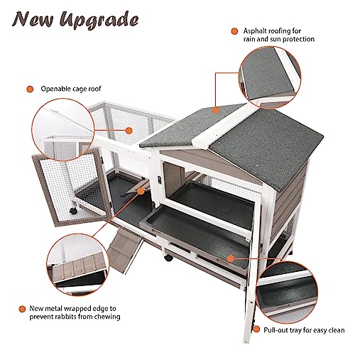 Gowoodhut Rabbit Hutch Indoor Outdoor 2 Story Bunny Cage with 3 No Leak Trays,55.31" L Guinea Pig Cages Rabbit Cage with 6 Wheels for Guinea Pig,Rabbit for Rabbit Lover|Pet Lover(White/Grey) - size: 55.3"L x 21.7"W x 34.7"H
