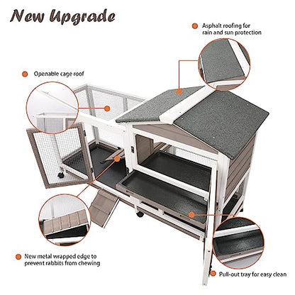 Gowoodhut Rabbit Hutch Indoor Outdoor 2 Story Bunny Cage with 3 No Leak Trays,55.31" L Guinea Pig Cages Rabbit Cage with 6 Wheels for Guinea Pig,Rabbit for Rabbit Lover|Pet Lover(White/Grey) - size: 55.3"L x 21.7"W x 34.7"H