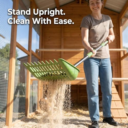 Chicken Poop Scooper, 2-in-1 Coop Scoop & Chicken Coop Rake, Sand Sifting Shovel with Adjustable Stainless Steel Handle, Up to 68 in, No-Bend Cleaning Tool - Patent-Pending