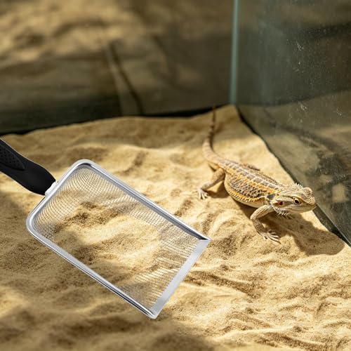 Stainless Steel Mesh Litter Shovel, Metal Non-Slip Black Handle Sifter, Fine Mesh Reptile Cleaner Scooper for Lizard Substrate, Reptile Terrarium Sand & Waste