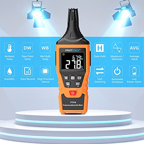 Protmex PT618 Temperature Humidity Meter, Thermometer Hygrometer Monitor with Ambient, Dew Point, Wet Bulb for Indoor/Outdoor MIN, MAX, Data Hold, LCD Backlight - size: PT618