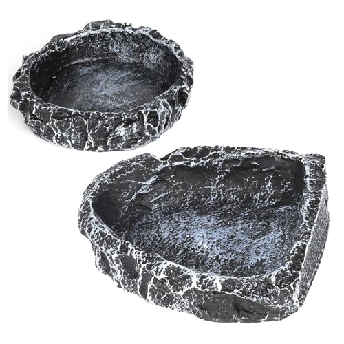Reptile Water Dish Food Bowl for Bearded Dragon Tank Accessories, Reptile Rock Feeder for Tank 2 Pack Corner Resin Terrarium Bowl for Leopard Gecko Hermit Crab Tortoise Snake, Black - color: Black