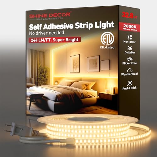 Shine Decor LED Strip Light Super Bright 8000LM, Plug&Play 120V Driverless Easy Wiring, Flicker Free Weatherproof for Outdoor Indoor, Min. 3.9” Cuttable Stickable, 2800K Warm White 32FT ETL Listed - color: Warm White, size: 32.8 Ft