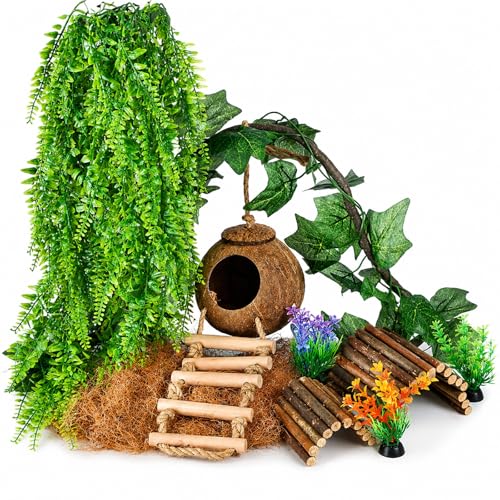 HERCOCCI Crested Gecko Tank Accessories, Reptile Hanging Plants Vines with Natural Coconut Shell Hideout & Climbing Ladder Decor for Hermit Crab Lizard Leopard Gecko Chameleon Snake Terrarium Decor