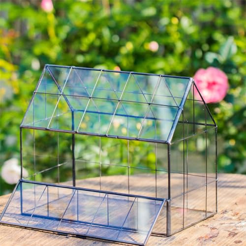 NCYP Geometric Glass Terrarium with Front Opening Door, House Shape Closed Micro Landscape Planter Box for Small Succulent, Cacti - Home Indoor Tabletop Decor, Handmade, Black (No Plants)