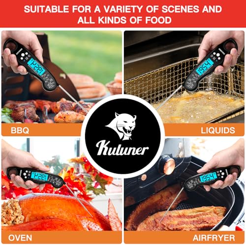 KULUNER Digital Meat Thermometer Instant Read, Waterproof Probe with Backlight & Calibration, Ultra Fast 2-3s Reading, Stainless Steel Kitchen Food Thermometer for Grilling BBQ Cooking Candy - Black - color: Black
