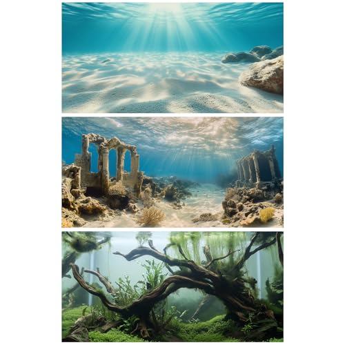 COMSUN 3 Pack Aquarium Background, 24x12 inches Polyester Aquarium Background, Cloth Fish Tank Background, Undersea Ruins Floor Sunshines & Tree Wood Branches Aquatic Plants - size: 24x12 Inch
