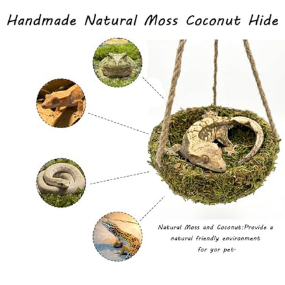 Humid Reptile Hide Leopard Gecko Tank Accessories Coconut Hide for Crested Gecko Tank Decor Handmade Moss Bearded Dragon Hammock Reptile Hideouts for Snake,Tortoise,Frog