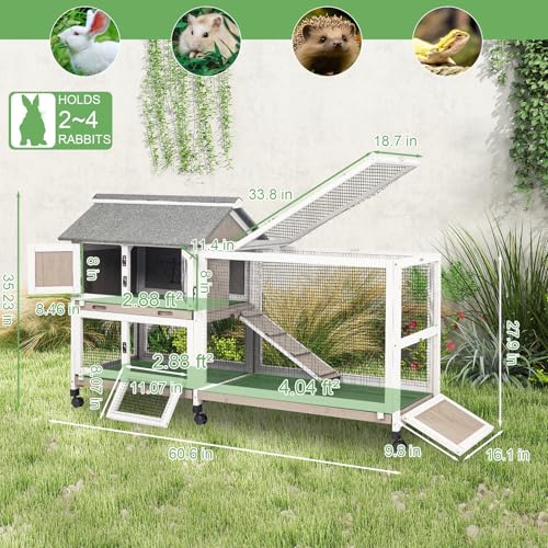 2-Story Rabbit Hutch Indoor & Outdoor, Large Bunny Hutch with 3 Pull-Out Trays, 6 Lockable Wheels, Wooden Rabbit Cage with Asphalt Roof & 6 Accesses for 2-4 Rabbits, Backyard, Home, Patio - size: PET80