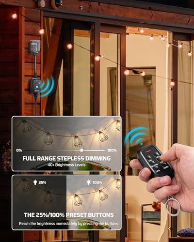 DEWENWILS Outdoor Dimmer for String Lights with Remote Waterproof Plug-in Dimmer, 100FT Range, 150W Dimmable LED/300W Tungsten Bulbs, Dimmer Switch for Dimmable String Lights - size: Dimmer with Preset Brightness