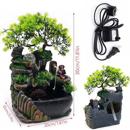 11.81in Rockery Tabletop Fountain Indoor Waterfall Fake Bonsai Desk Decor | Feature Mini Water Fountain Desktop Decor Humidifier with Pump and LED Light, Home Office Bedroom Relaxing (No Atomizer)