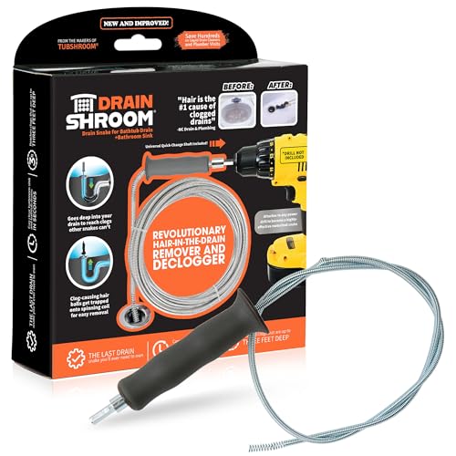 DrainShroom Reusable Sink Snake Clog Remover Tool that Attaches To Any Drill, Bathroom Bathtub Drain Cleaner Auger, Hair Catcher Drain Snake, 36 Inches Long, Stainless Steel, 1 Pack