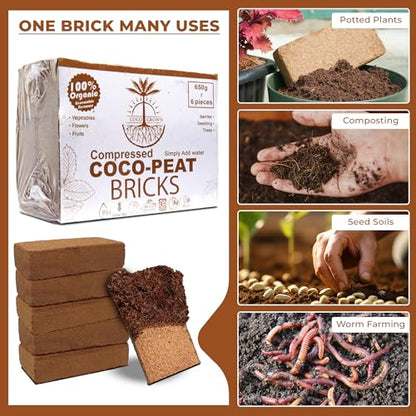 Compressed Coco Coir Bricks – 100% Organic, 650g x 6 Bricks – Expands to 8L Each, Eco-Friendly, Biodegradable, No Chemicals – Ideal for Vegetables, Fruits, Flowers, Seedlings