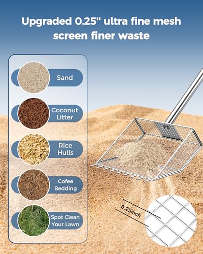 Chicken Poop Scooper & Rake 2-in-1,304 Stainless Steel Rustproof Shovel Head with 35" to 62" Adjustable Handle,Coop Cleaning Tool Scoop,Sifting Shovel for Goat Stall/Stable/Farm - size: 100% Stainless Steel-10 inch