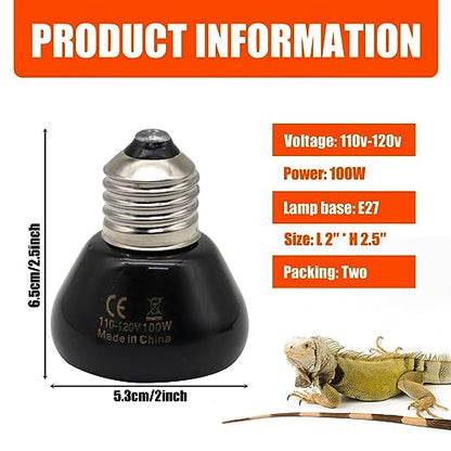 Mini Reptile Heat Lamp, 25w Infrared Ceramic Heat Emitter, No Light Emitting Reptile Heat Bulbs,Ceramic Heat Lamp for Amphibian, Chicken Coop,Cat, Turtle, Snake,Terrarium (2, 100 W) - size: 100 W